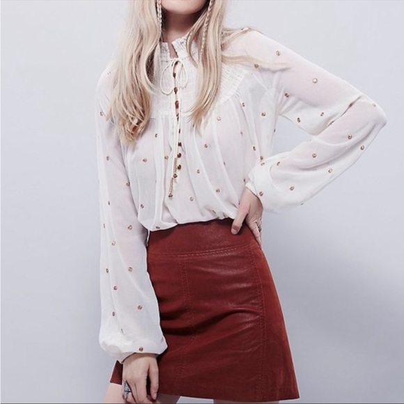 Free People Tops - FREE PEOPLE Sheer Cream Metallic Gold Clip Dot Smocked Oversized Tunic Blouse